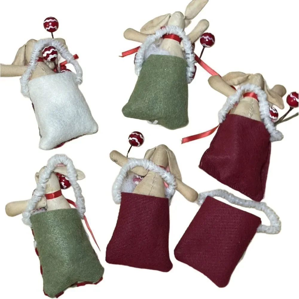 Festive Holiday Ornament Set - Red, Green, White Felt Bags w/Bunnies & Cotton